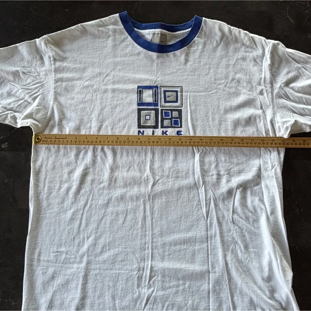 Vintage Nike Ringer T Shirt Mens XL White Blue Geometric Graphic Made USA Cotton